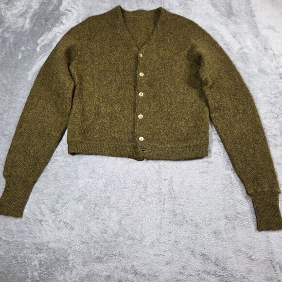 Vintage 60s 70s Mohair Cardigan Mens Medium Army Green Fuzzy Grunge Kurt Cobain - Picture 1 of 12